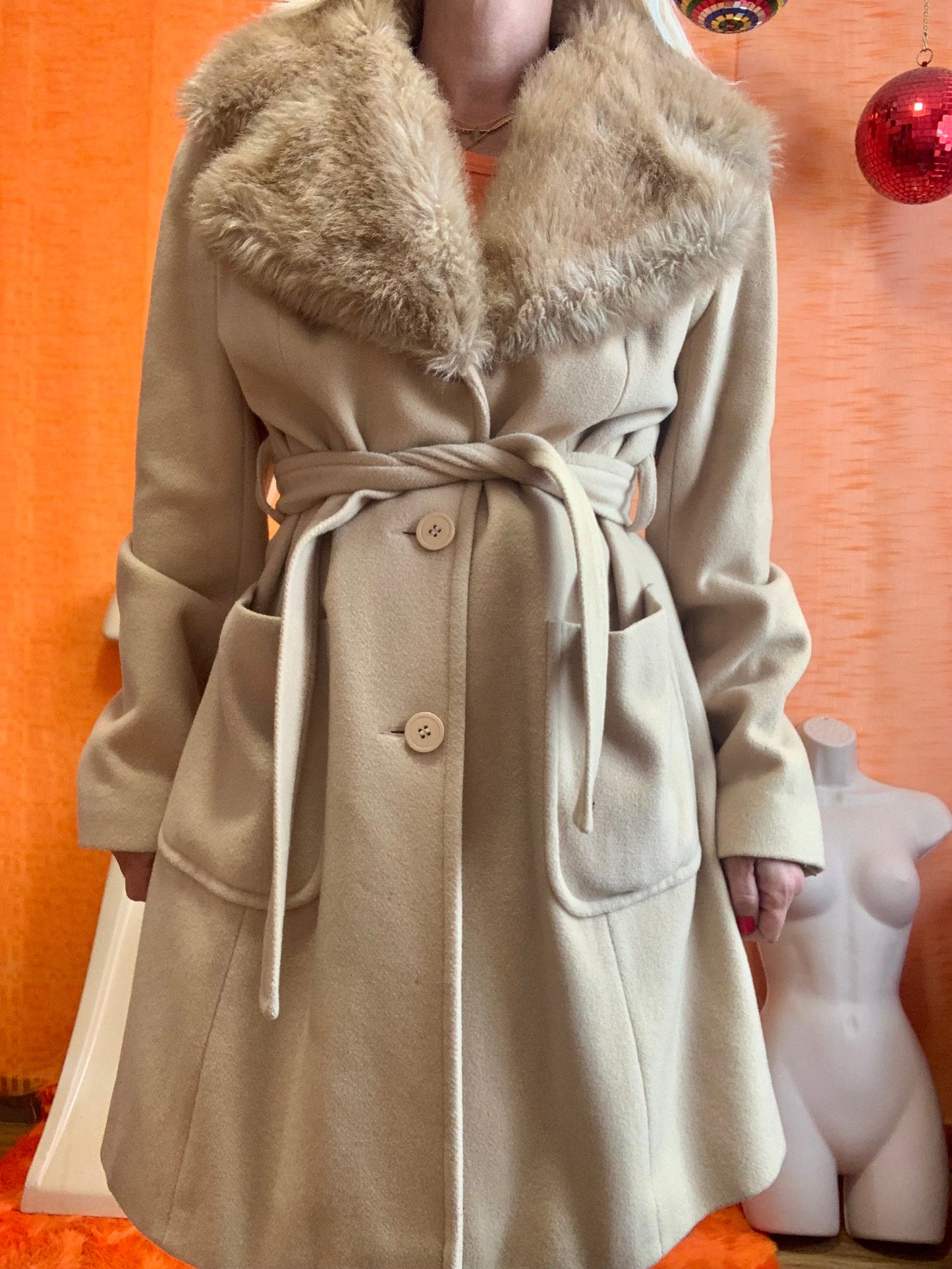 Manteau Laine Vintage 1990 Col Fourrure Synthétique - T42/44 maxi.