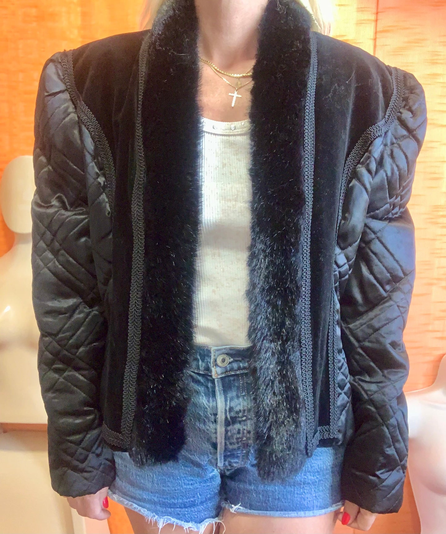 Veste matelassée Vintage 1980 Velours et fourrure synthétique- TU