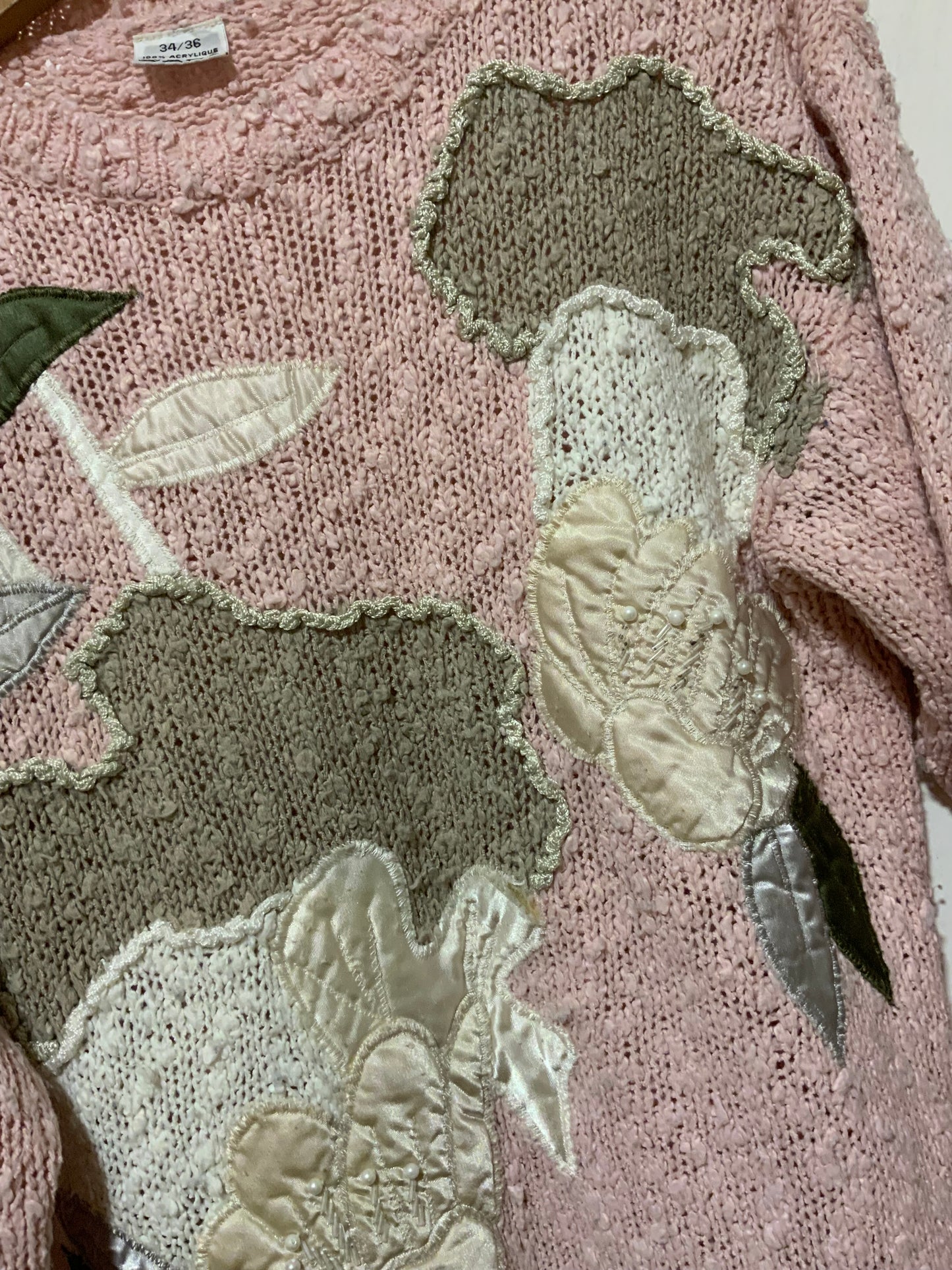 Pull Laine rose à fleurs Vintage 1980- T38