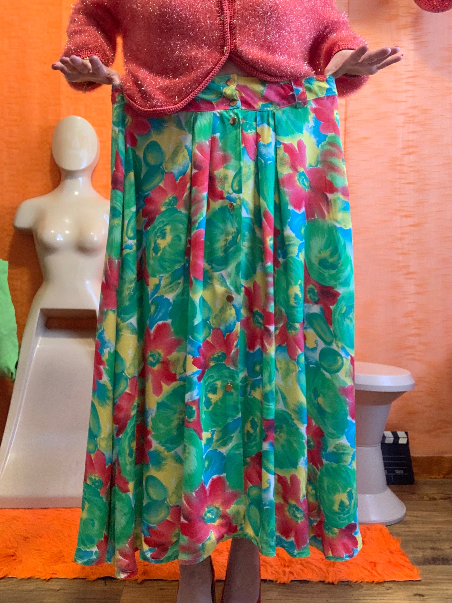 Jupe boutonnée à fleurs Vintage 1980 France -T46