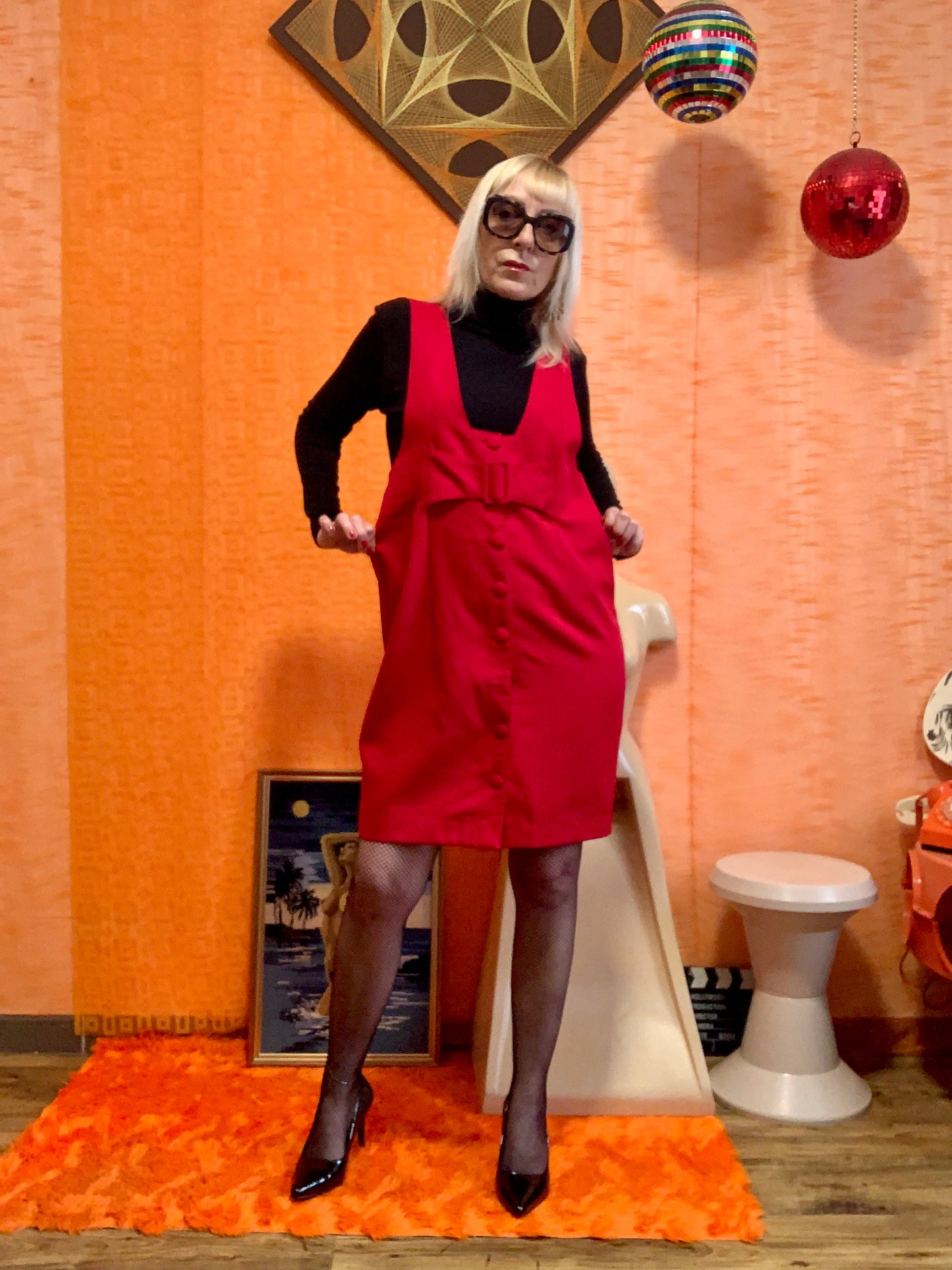 Robe Boutonnée Rouge Façon Bretelle Vintage 1990 France