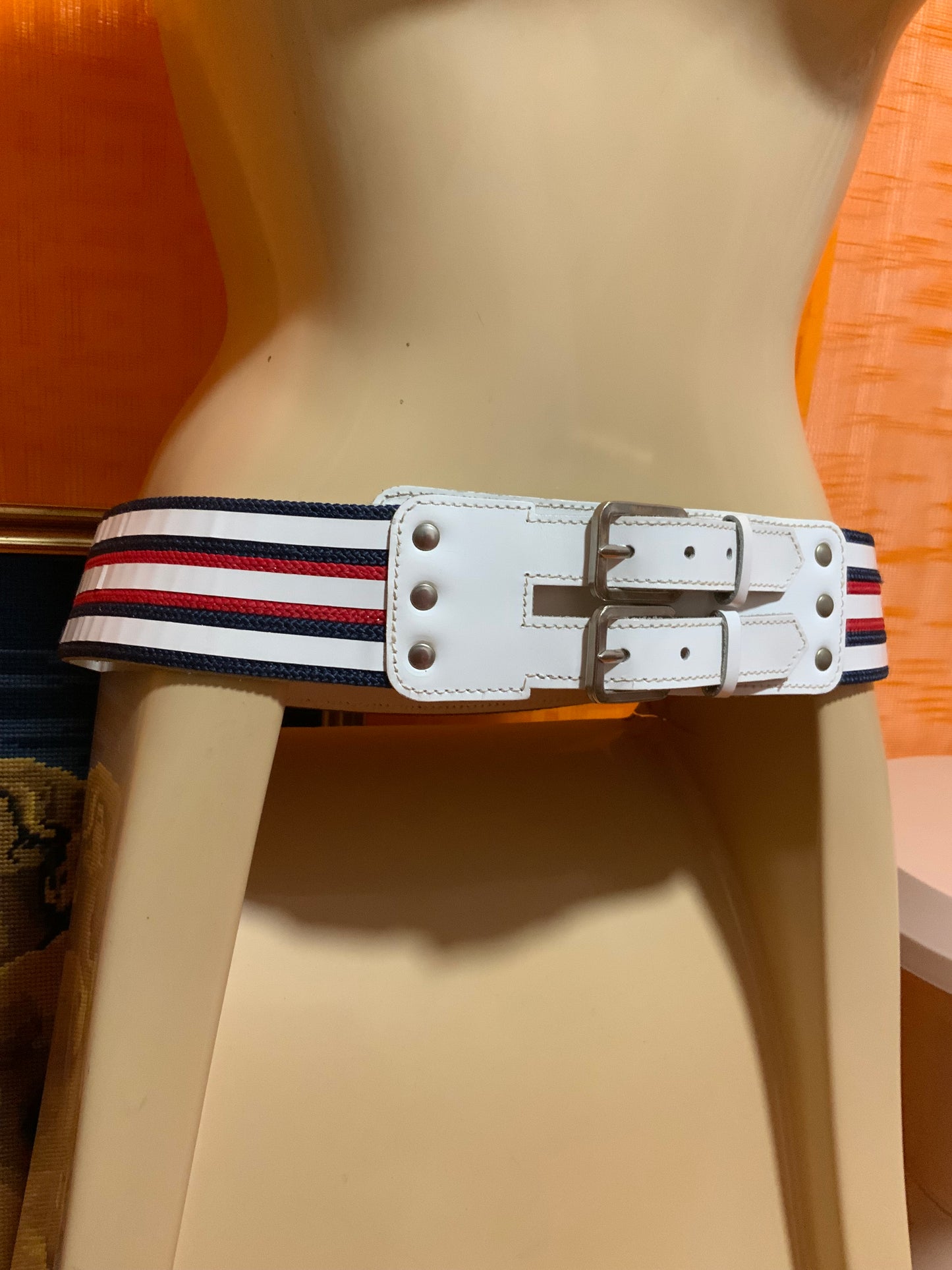 Ceinture Bleu blanc rouge Cuir blanc Vintage 1980 - T38