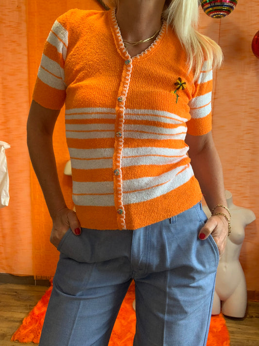 Gilet laine bouclée orange Vintage 1970 - T38 maxi.
