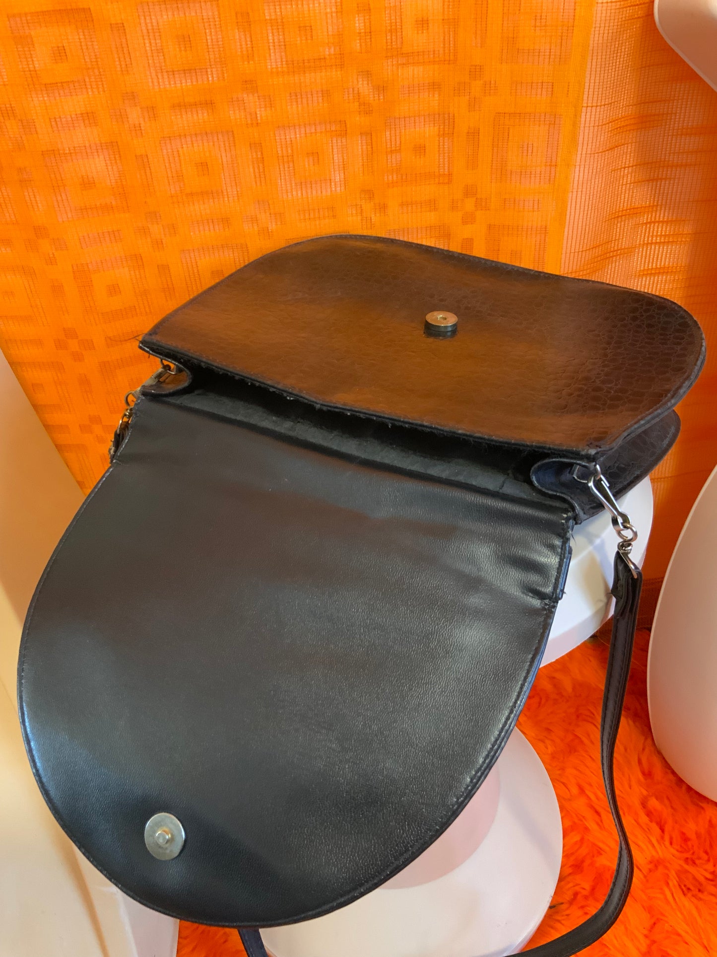 Sac à main grains croco Cuir Noir Vintage 1990-