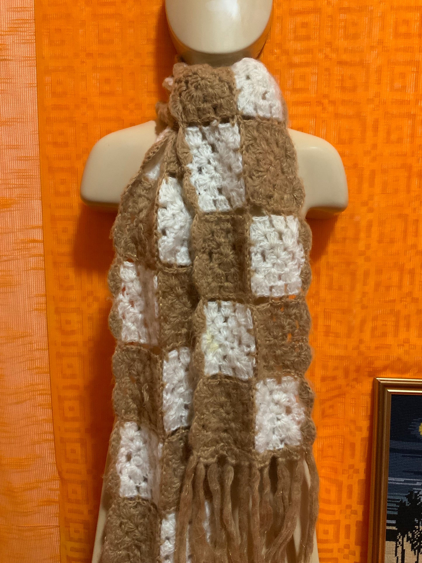 Sublime grande Écharpe Tricot Laine Faite main pailletée 1970 Vintage