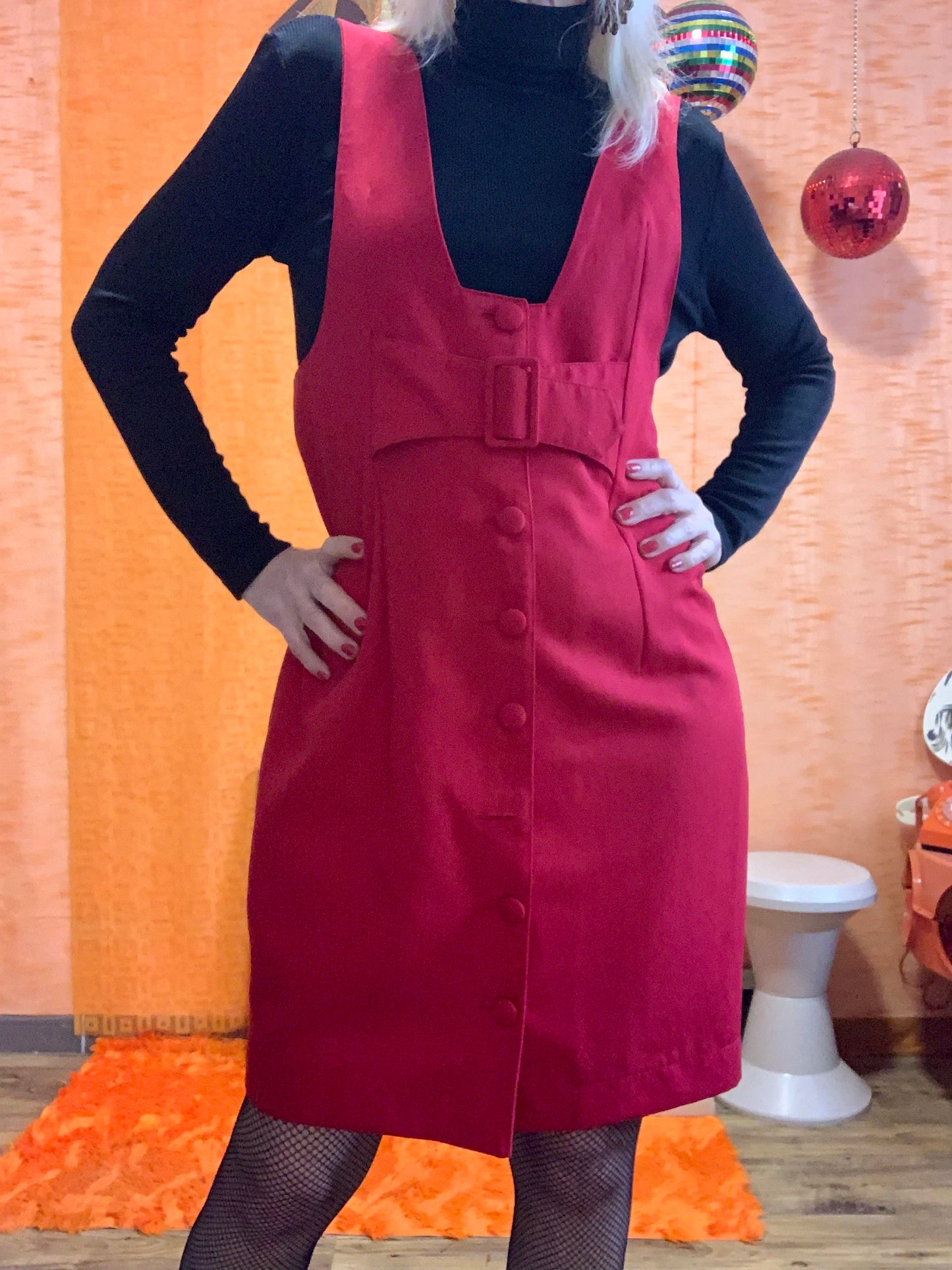 Robe Boutonnée Rouge Façon Bretelle Vintage 1990 France