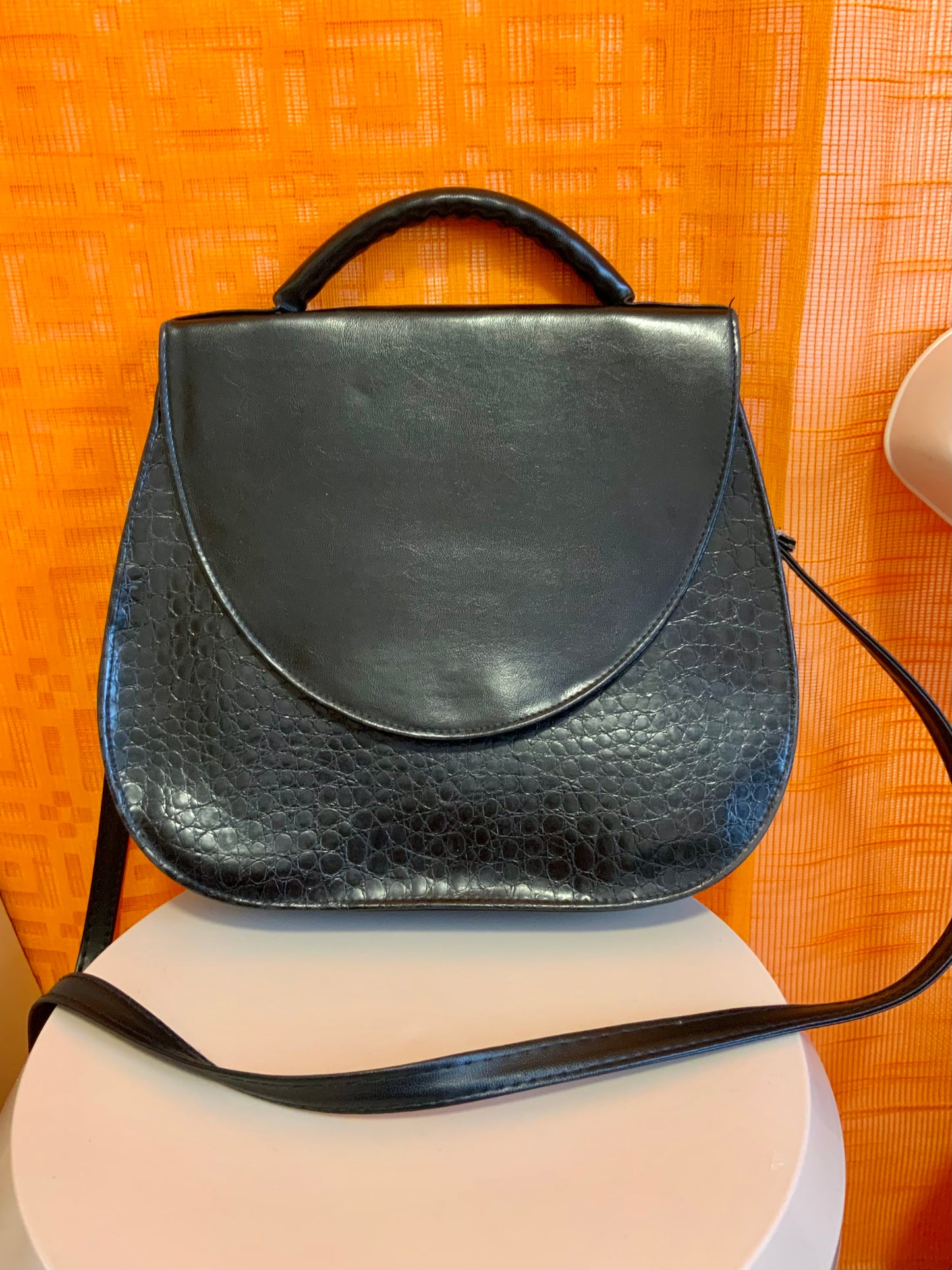 Sac à main grains croco Cuir Noir Vintage 1990-