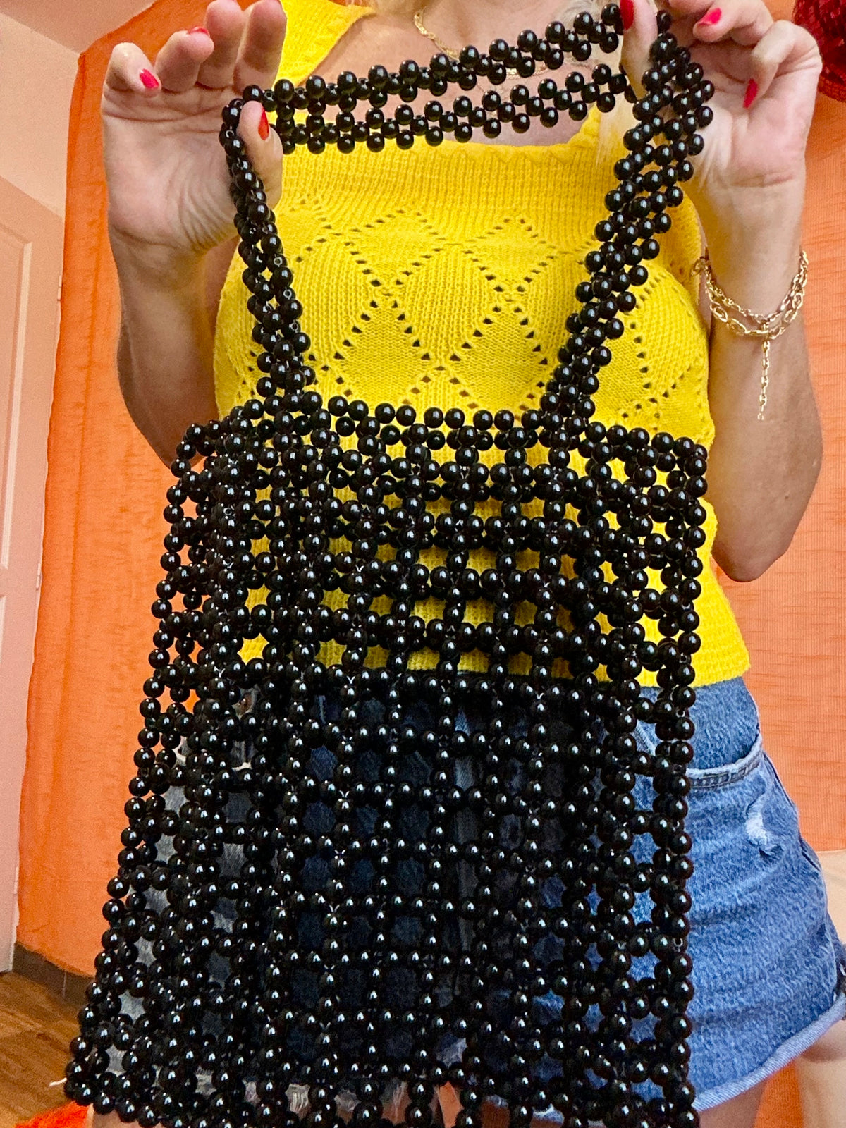 Sac Original grosses perles noires Vintage -