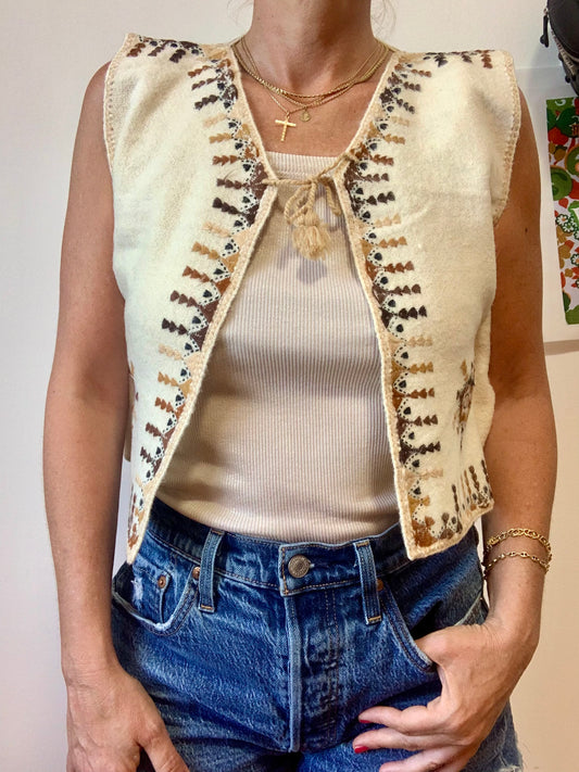 Gilet court Laine broderies Vintage T38