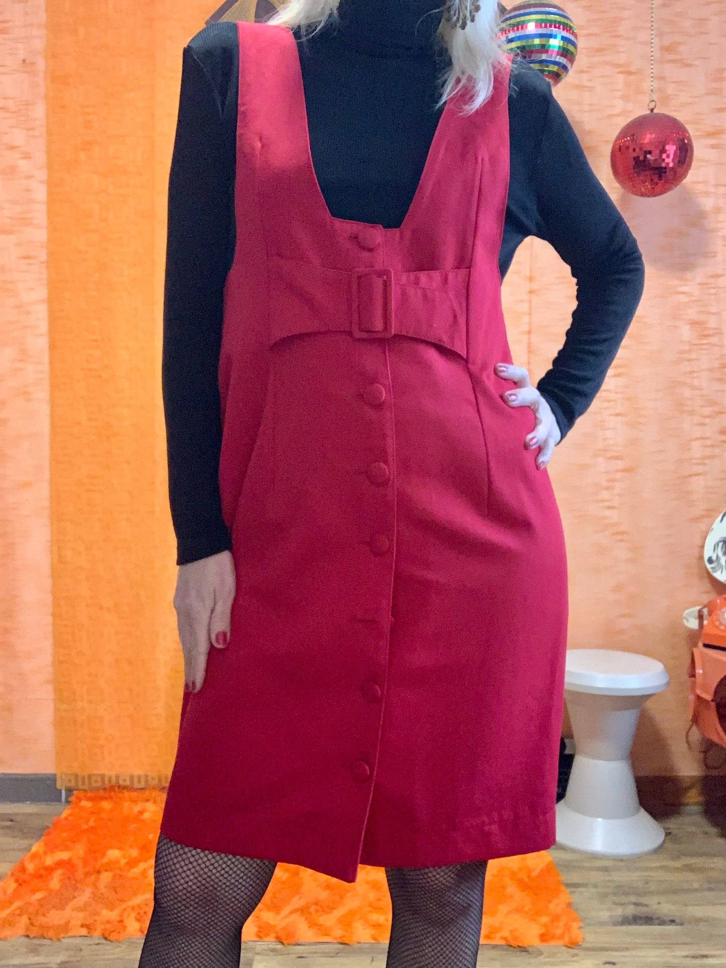 Robe Boutonnée Rouge Façon Bretelle Vintage 1990 France