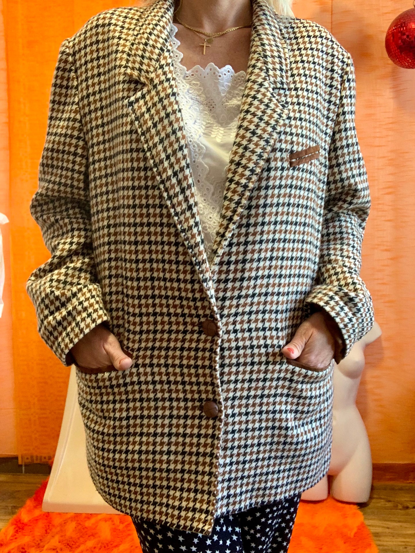 Veste Vintage Laine à carreaux pied de poules 1990 - T44