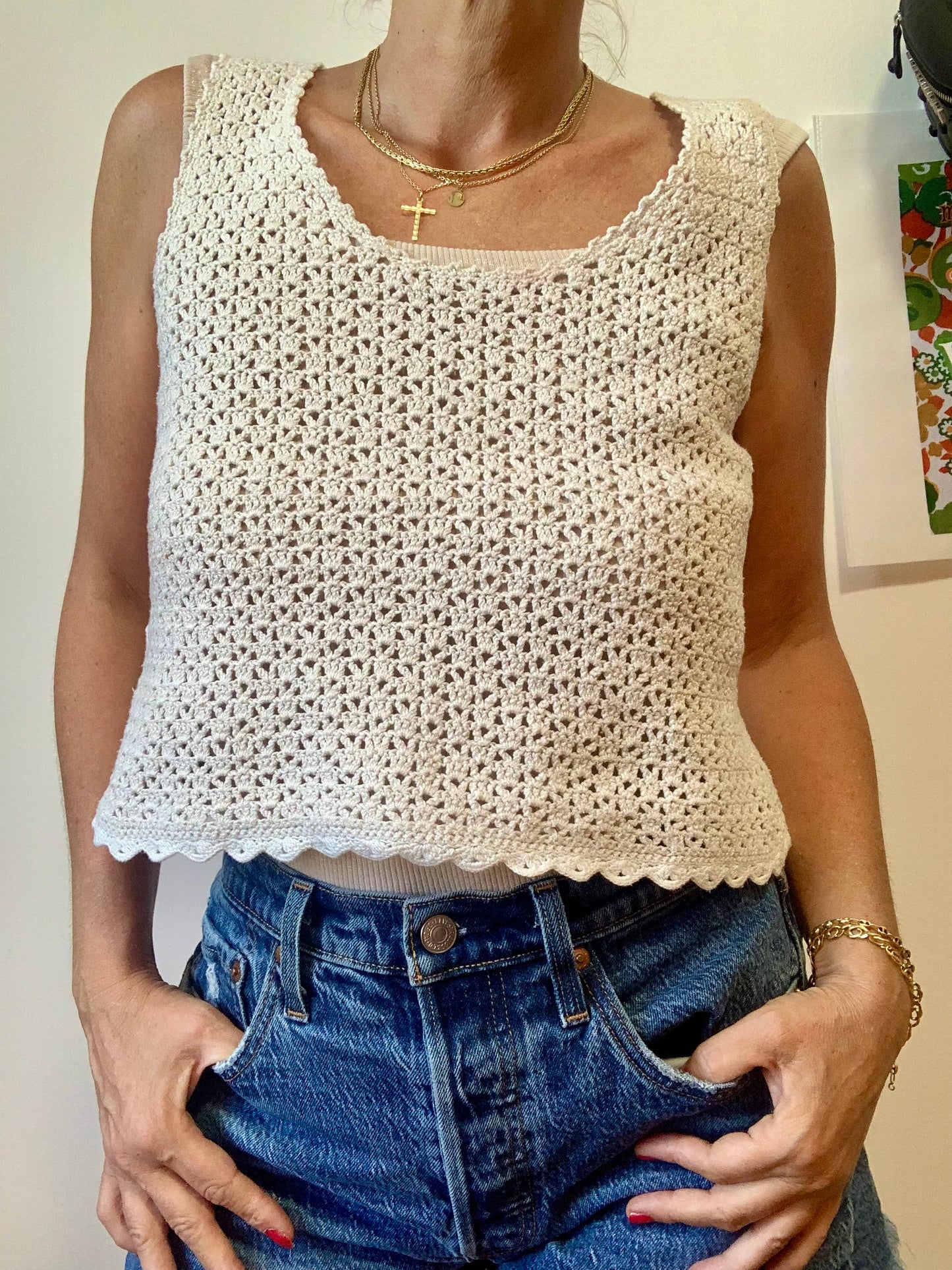 Débardeur Crop Top mailles crochets Bohème Chic 1990- TU Fait main Vintage.