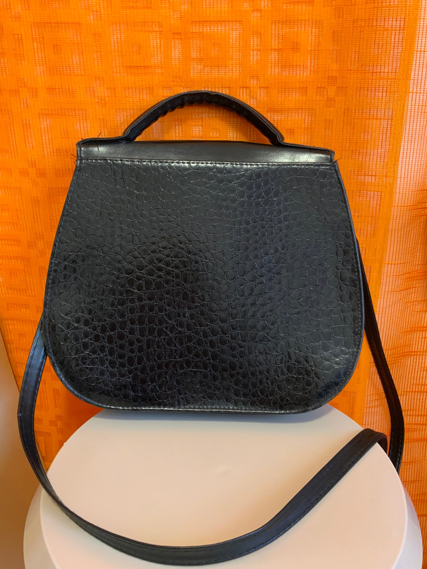 Sac à main grains croco Cuir Noir Vintage 1990-