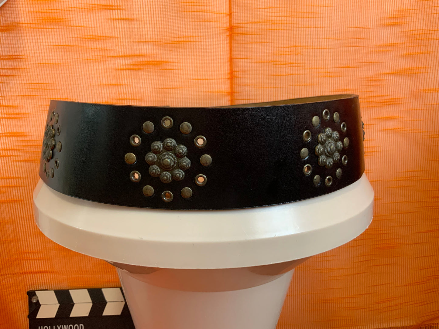 Ceinture cuir noir métal Vintage- T40