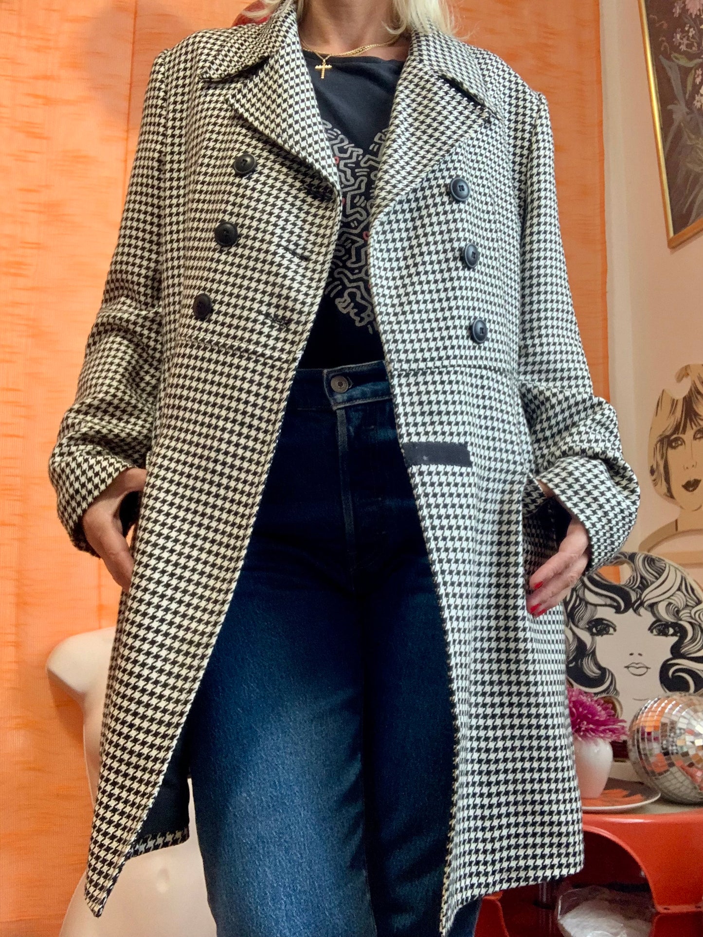 Longue Veste Vintage 1990 carreaux pieds de poule - T42