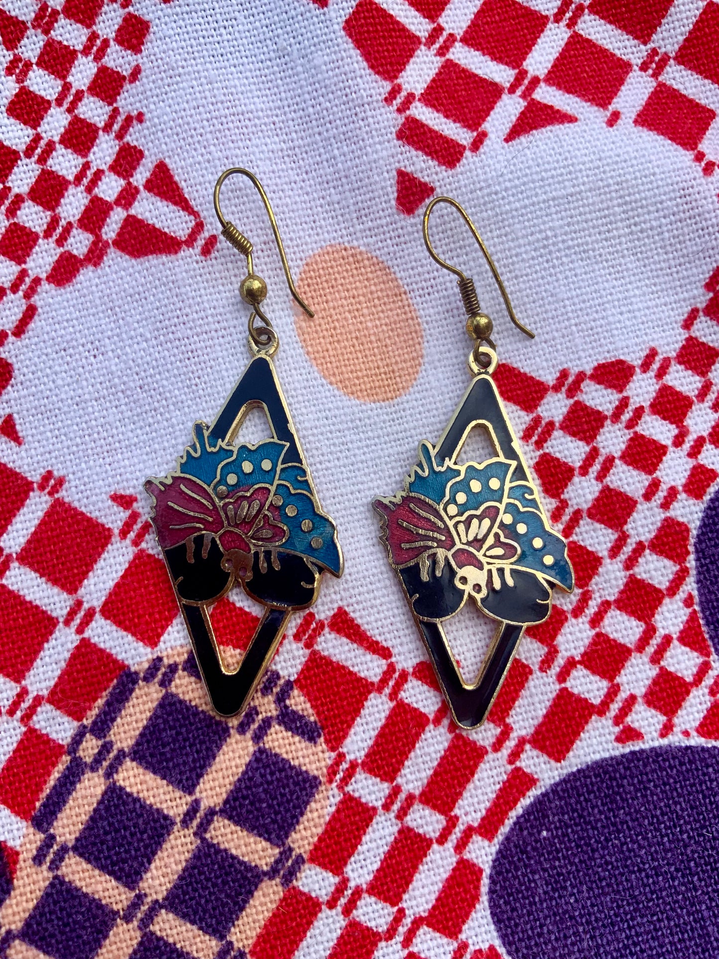Boucles d’oreilles Vintage 1980 cloisonnées formes triangles et papillons -