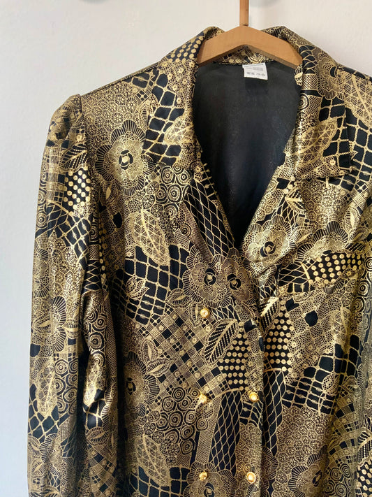 Chemisier Croisé Lurex Doré à fleurs Vintage 1980 Made in France