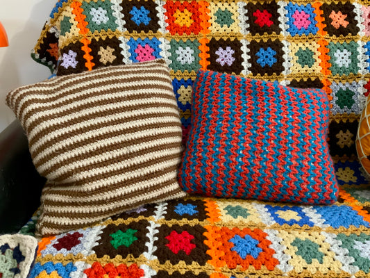 2 coussins 1970 Vintage laine crochets rayures et zigzags