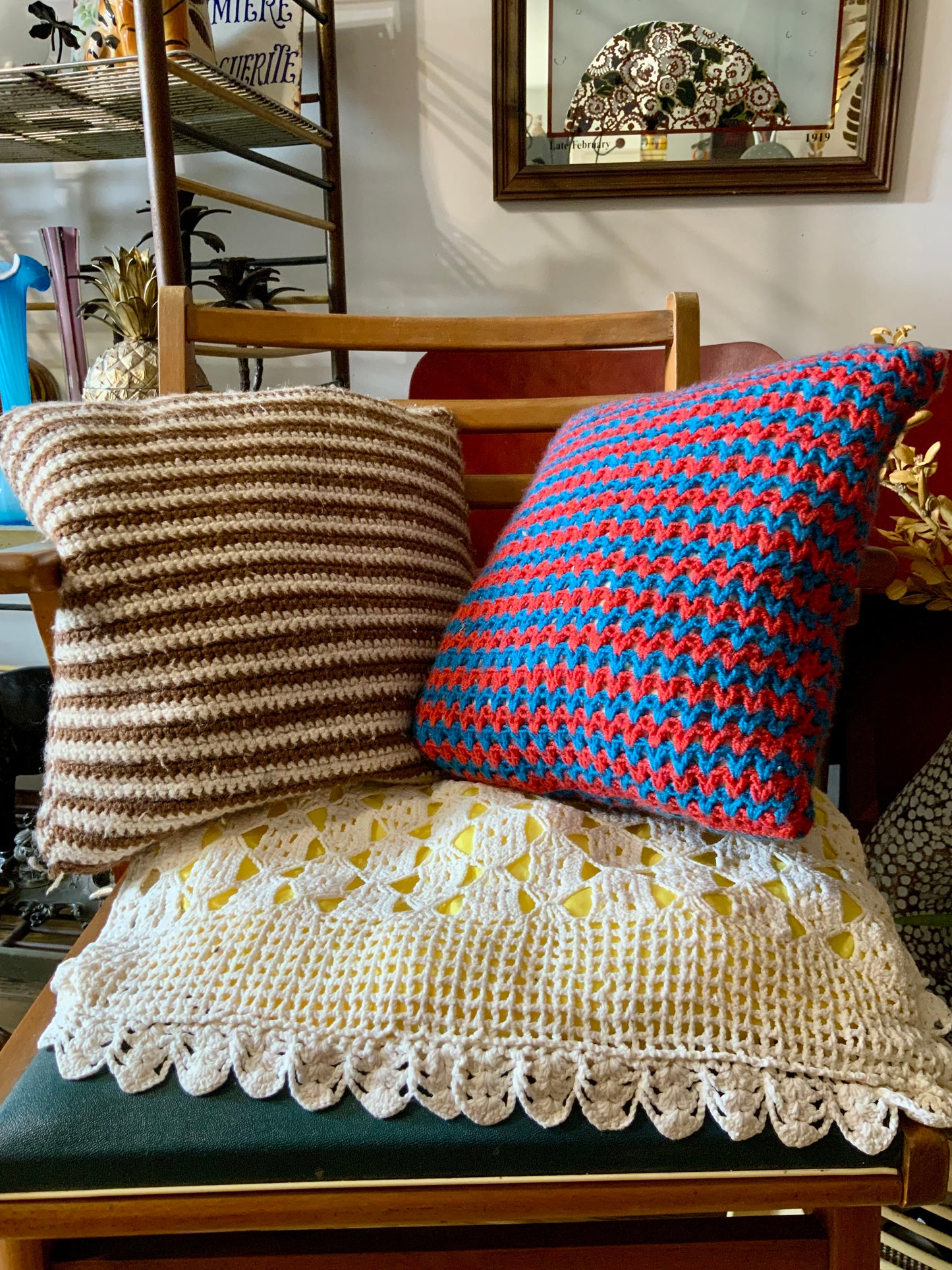 2 coussins 1970 Vintage laine crochets rayures et zigzags