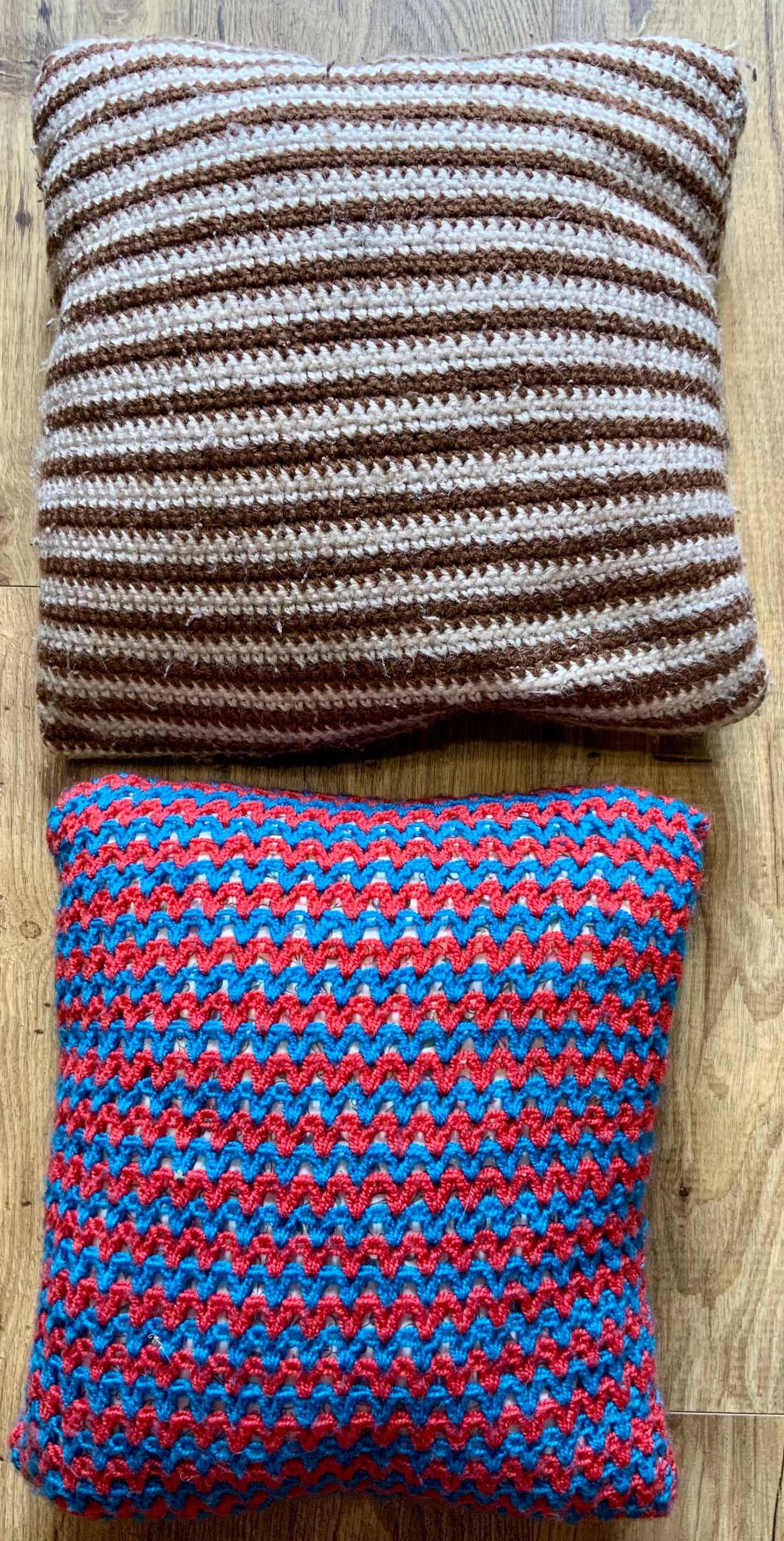 2 coussins 1970 Vintage laine crochets rayures et zigzags