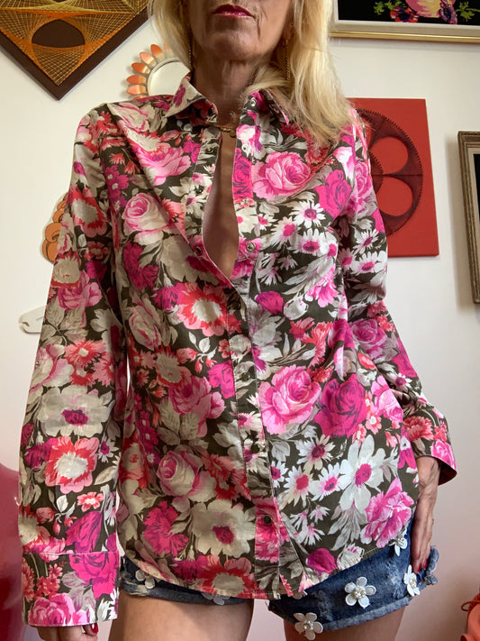 Chemise à Fleurs Roses Vintage Coton 1990