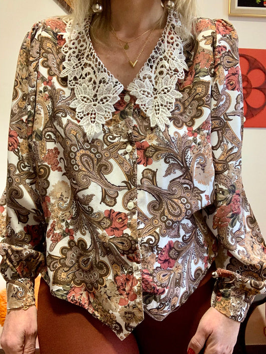 Chemisier Motifs Fleurs Col Broderies Made in France Vintage 1990