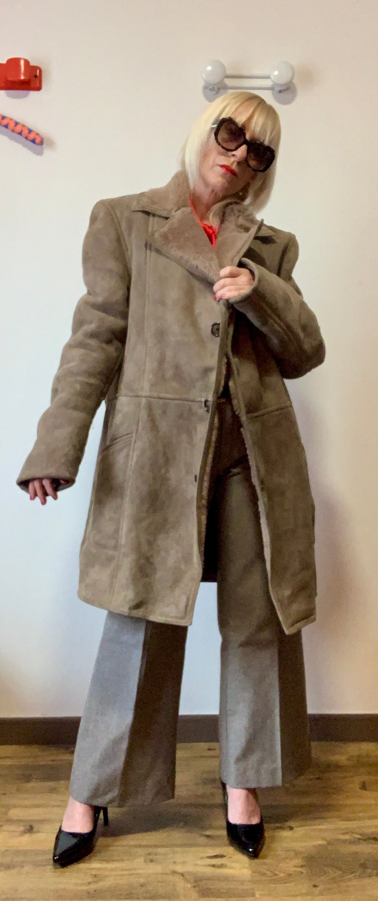 Manteau Daim Peau retournée lainée marron glacé Vintage 1970/80