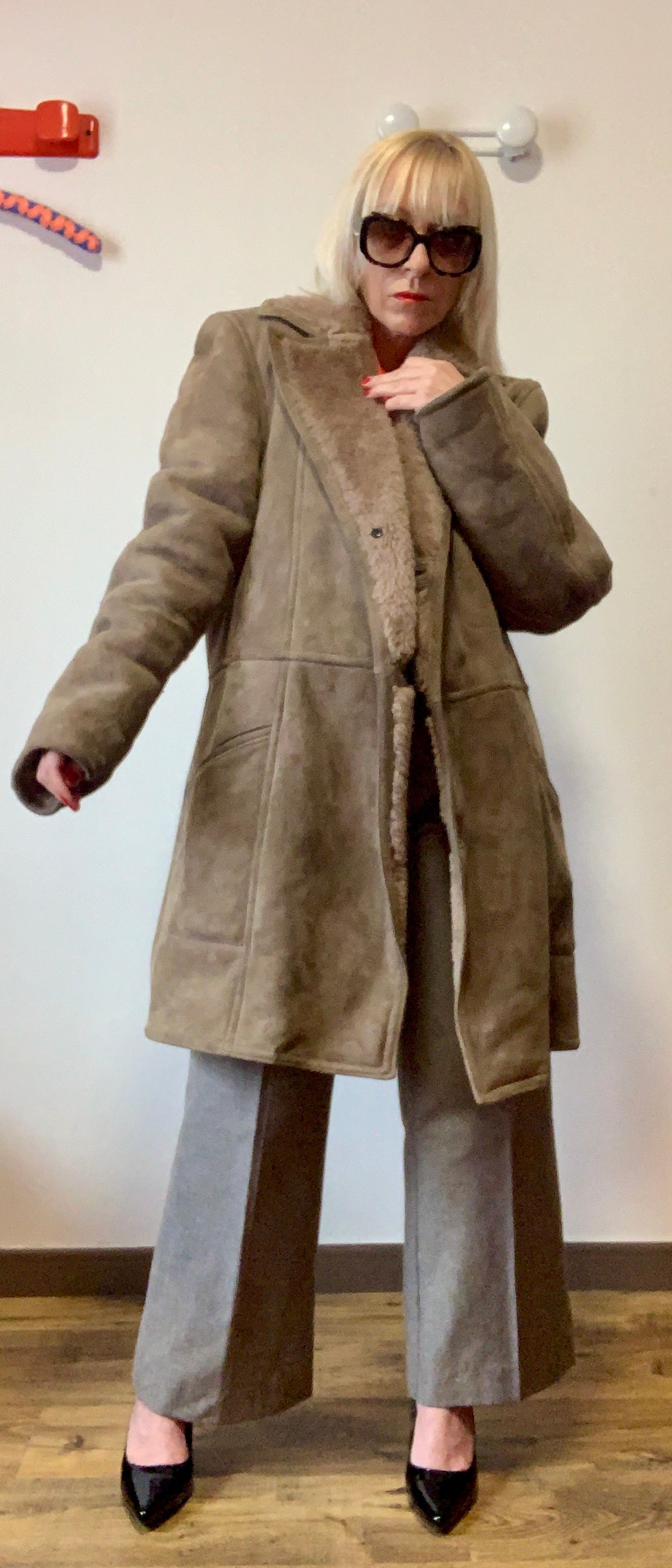 Manteau Daim Peau retournée lainée marron glacé Vintage 1970/80