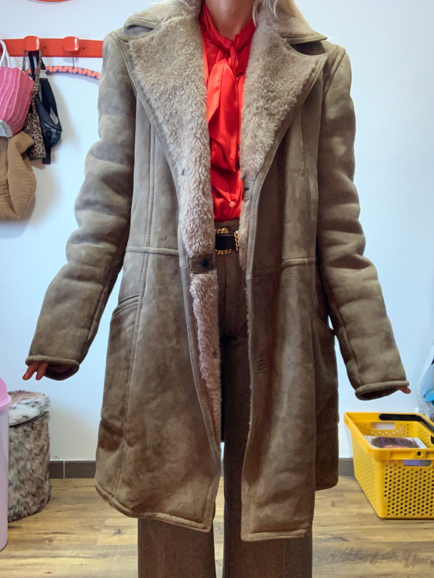 Manteau Daim Peau retournée lainée marron glacé Vintage 1970/80