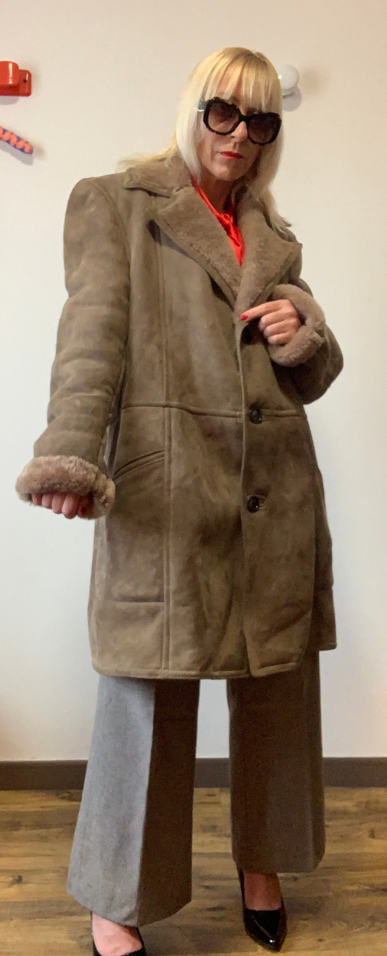 Manteau Daim Peau retournée lainée marron glacé Vintage 1970/80