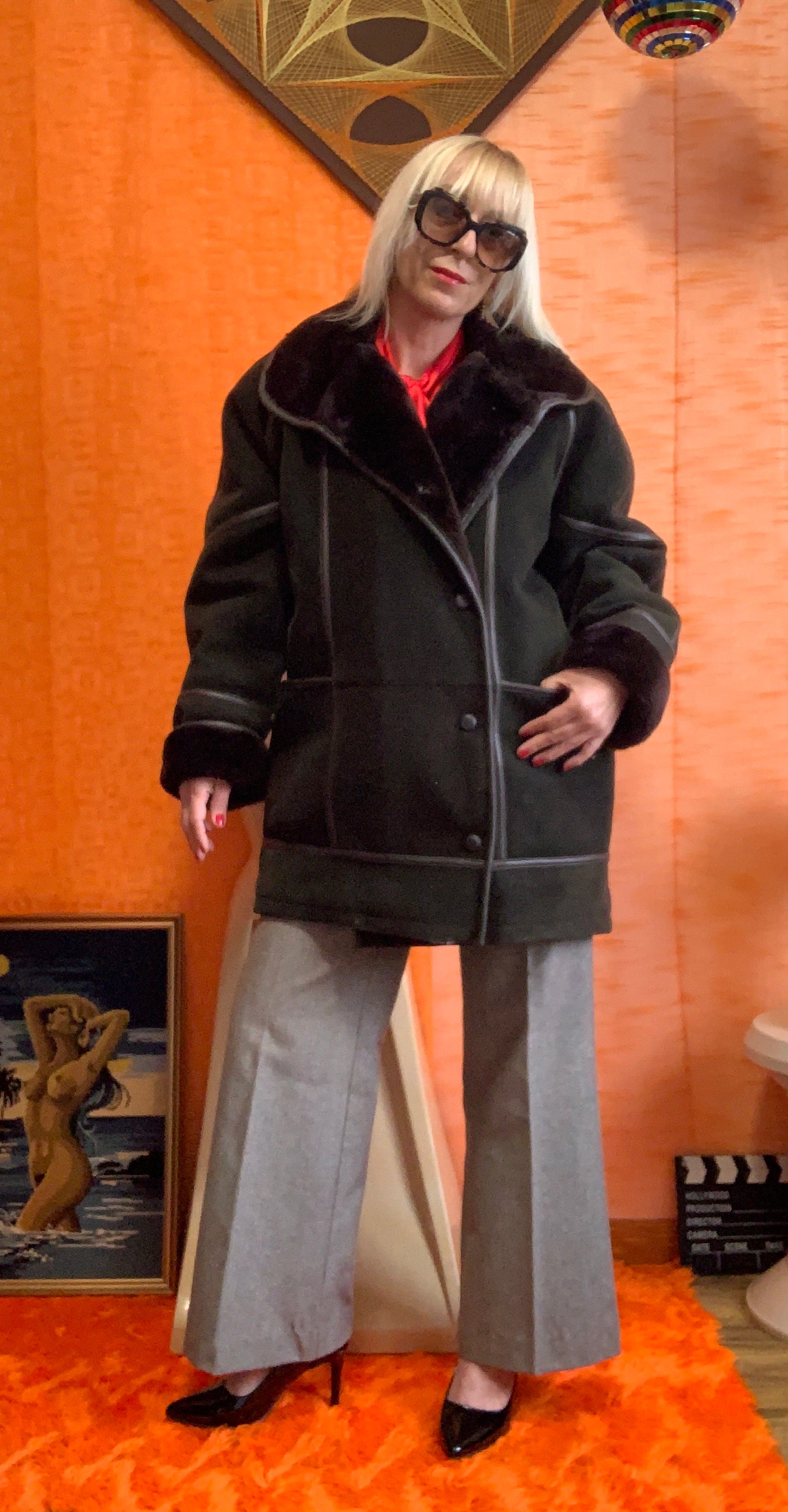 Manteau Vintage 1980 Aspect daim et empiècements cuir Matelassé et fourrure synthétique