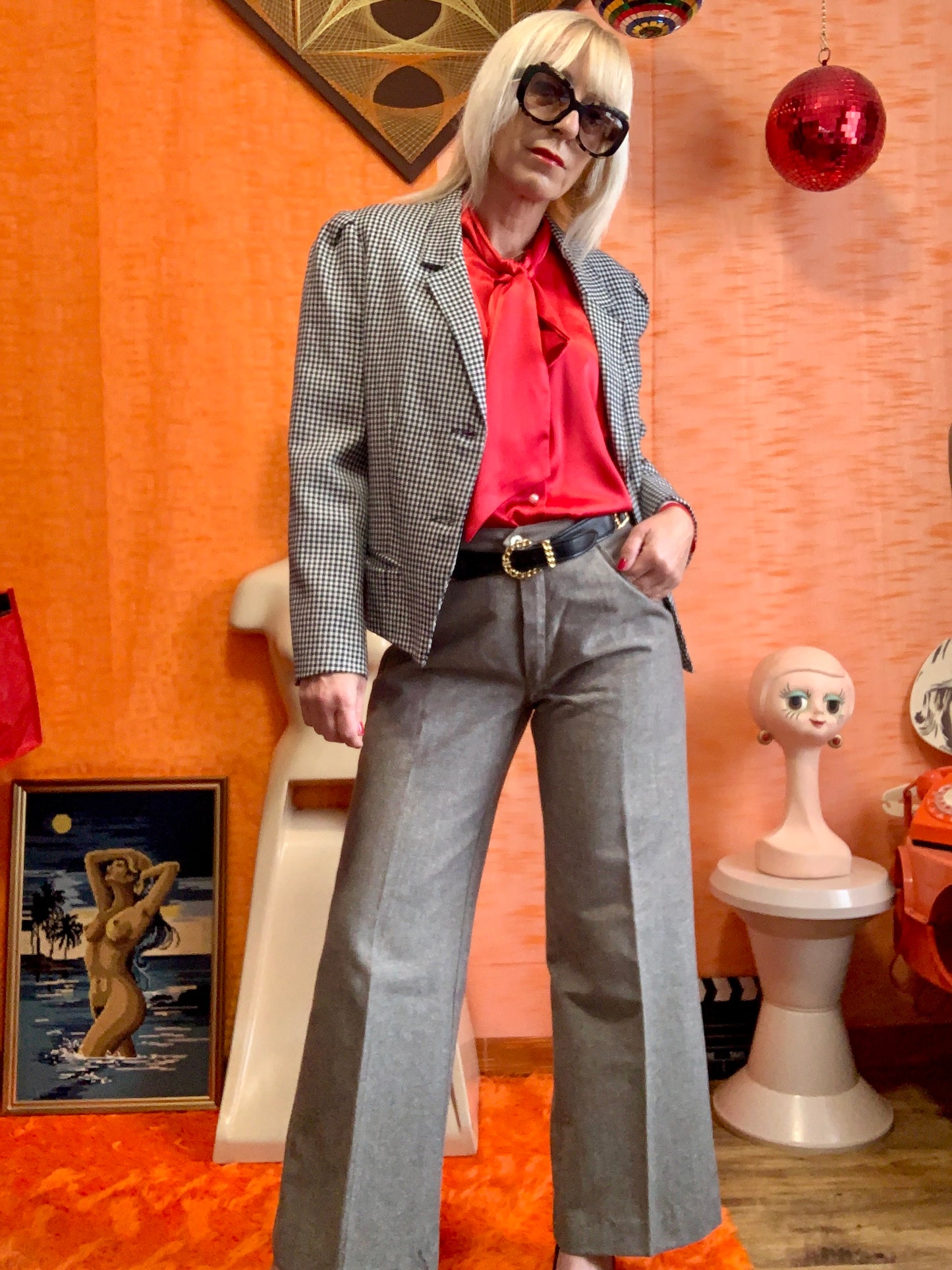 Veste blazer court forme pointue à carreaux pieds de poule Vintage France