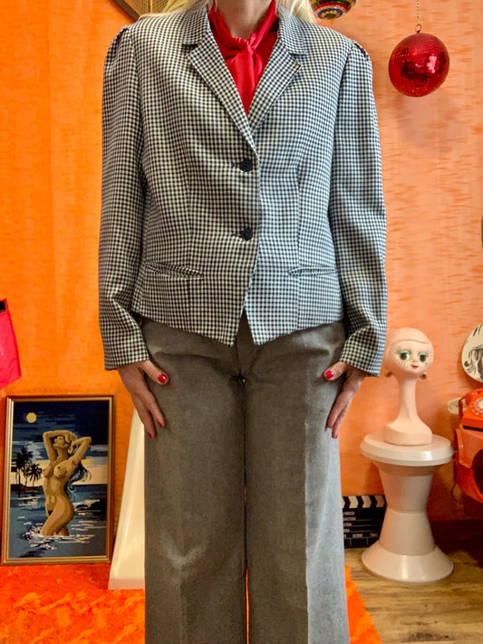 Veste blazer court forme pointue à carreaux pieds de poule Vintage France
