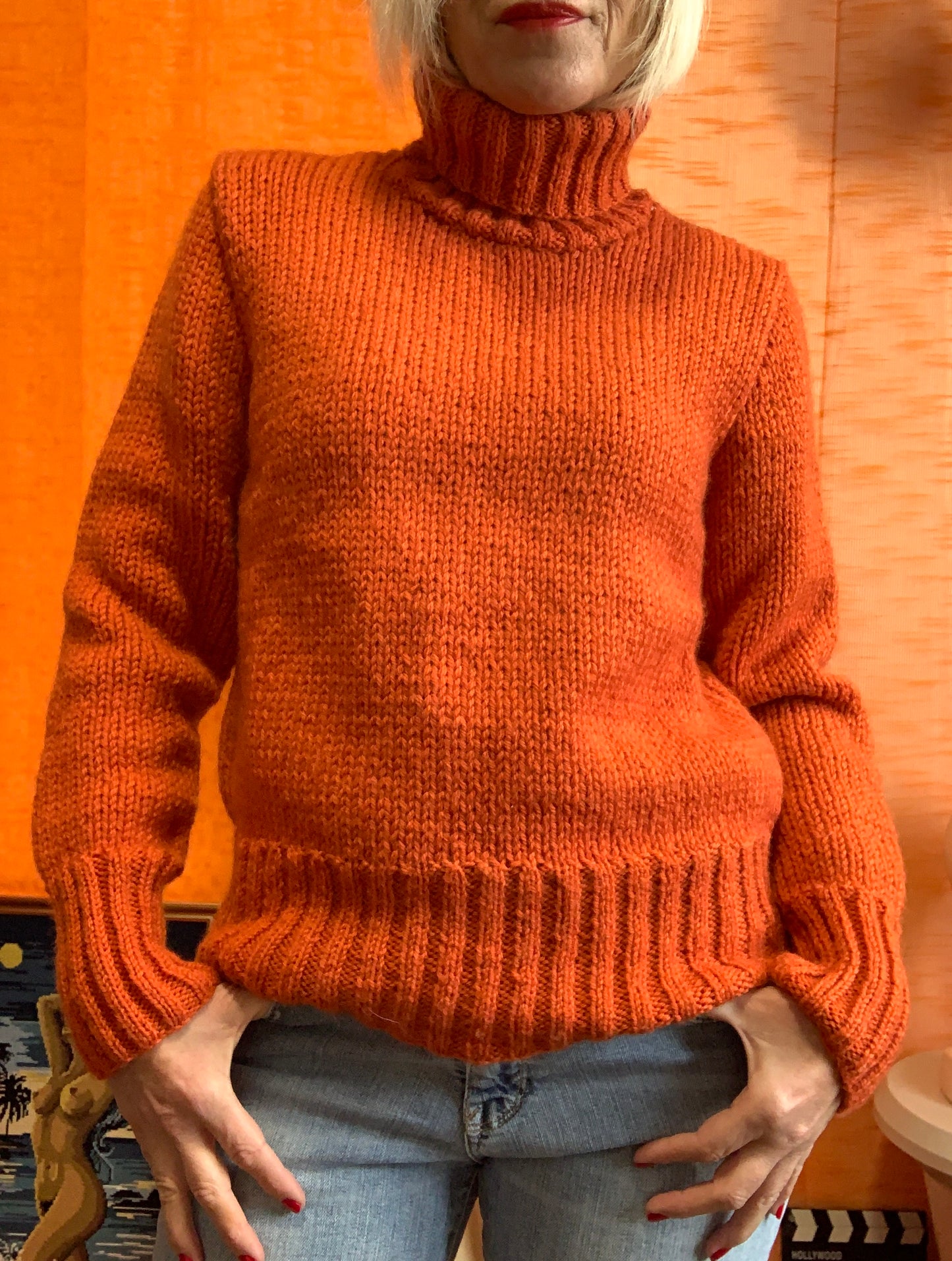 Gros Pull tricoté laine col roulé Orange Vintage