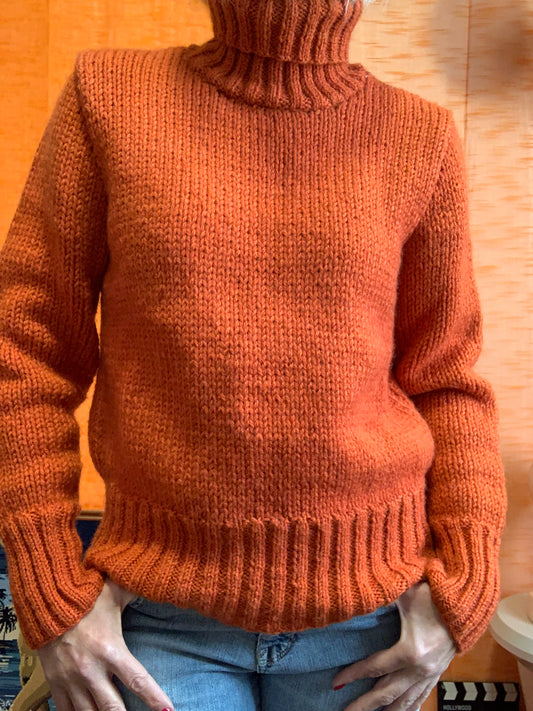 Gros Pull tricoté laine col roulé Orange Vintage