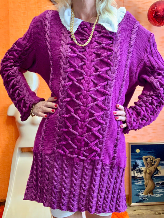 Pull Robe tricoté main Fuchsia Torsades Magnifique et chic Vintage
