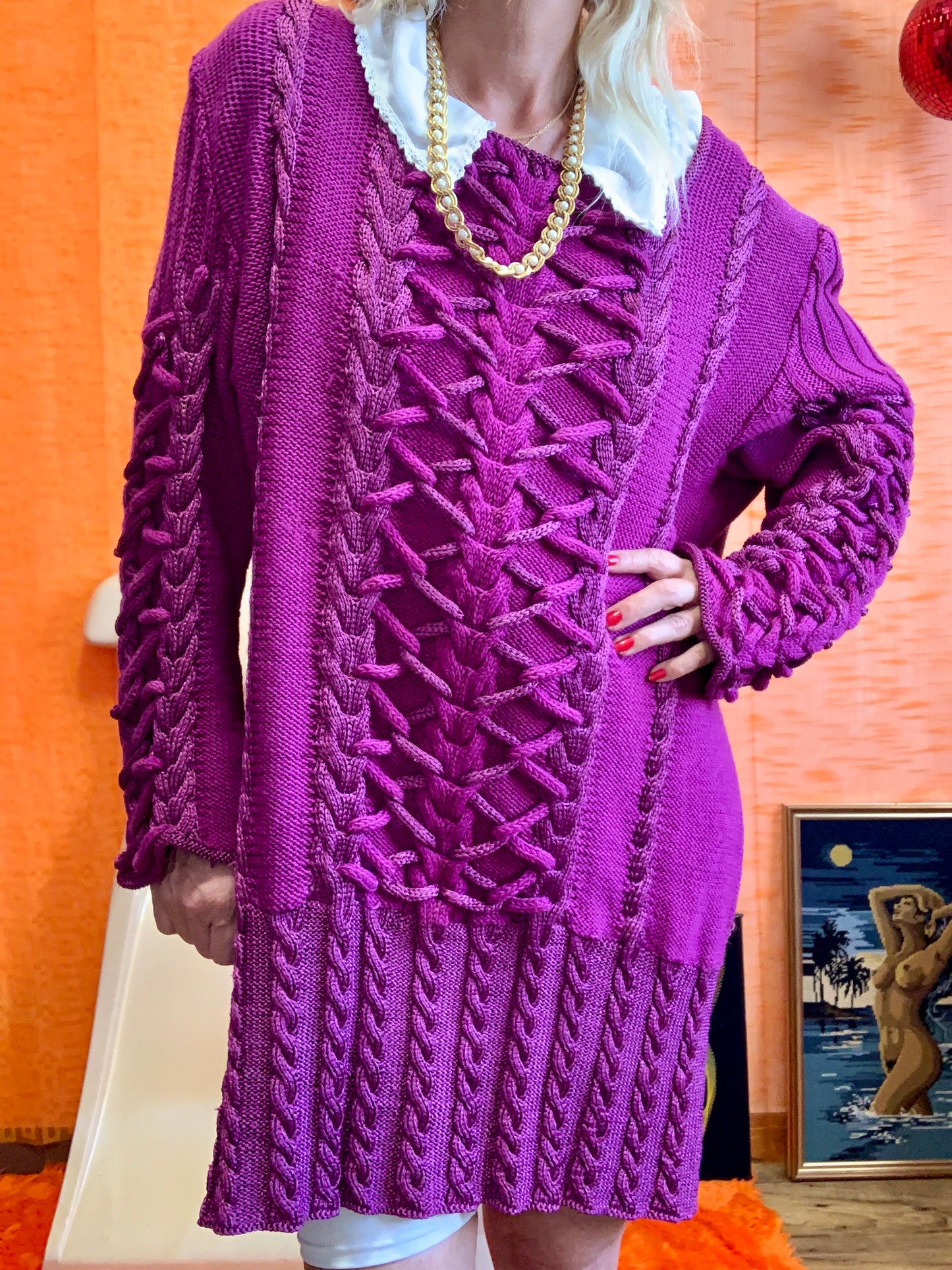 Pull Robe tricoté main Fuchsia Torsades Magnifique et chic Vintage