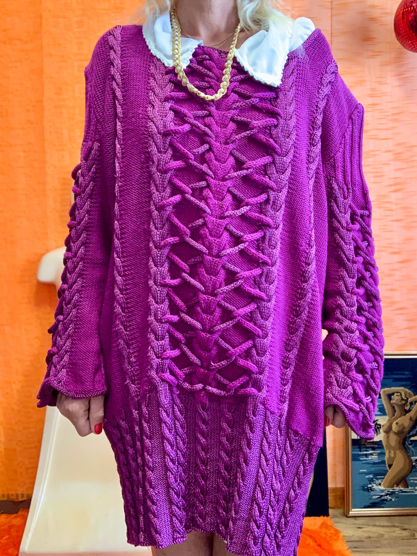 Pull Robe tricoté main Fuchsia Torsades Magnifique et chic Vintage