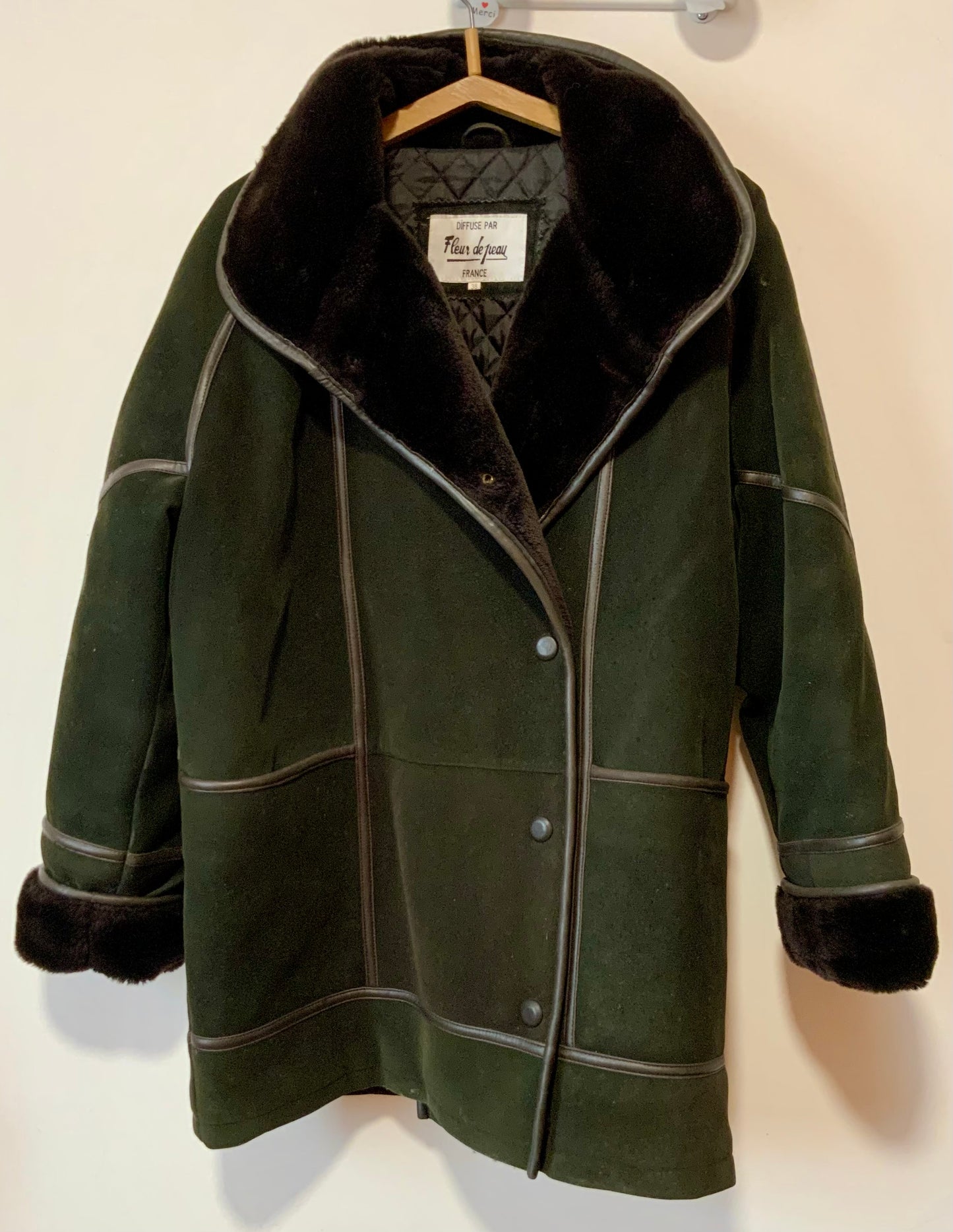 Manteau Vintage 1980 Aspect daim et empiècements cuir Matelassé et fourrure synthétique