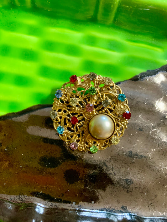 Broche Ancienne Perle et Strass Couleurs Vintage