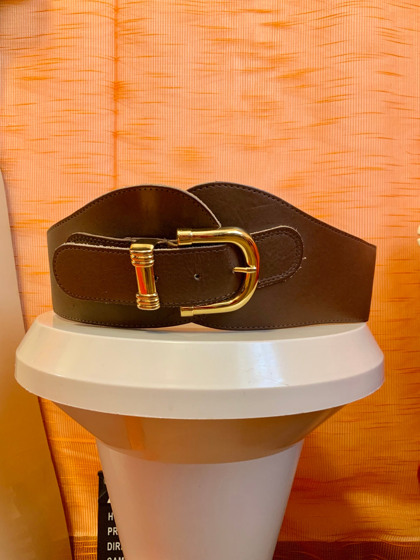 Grosse ceinture Cuir marron et métal doré Vintage France