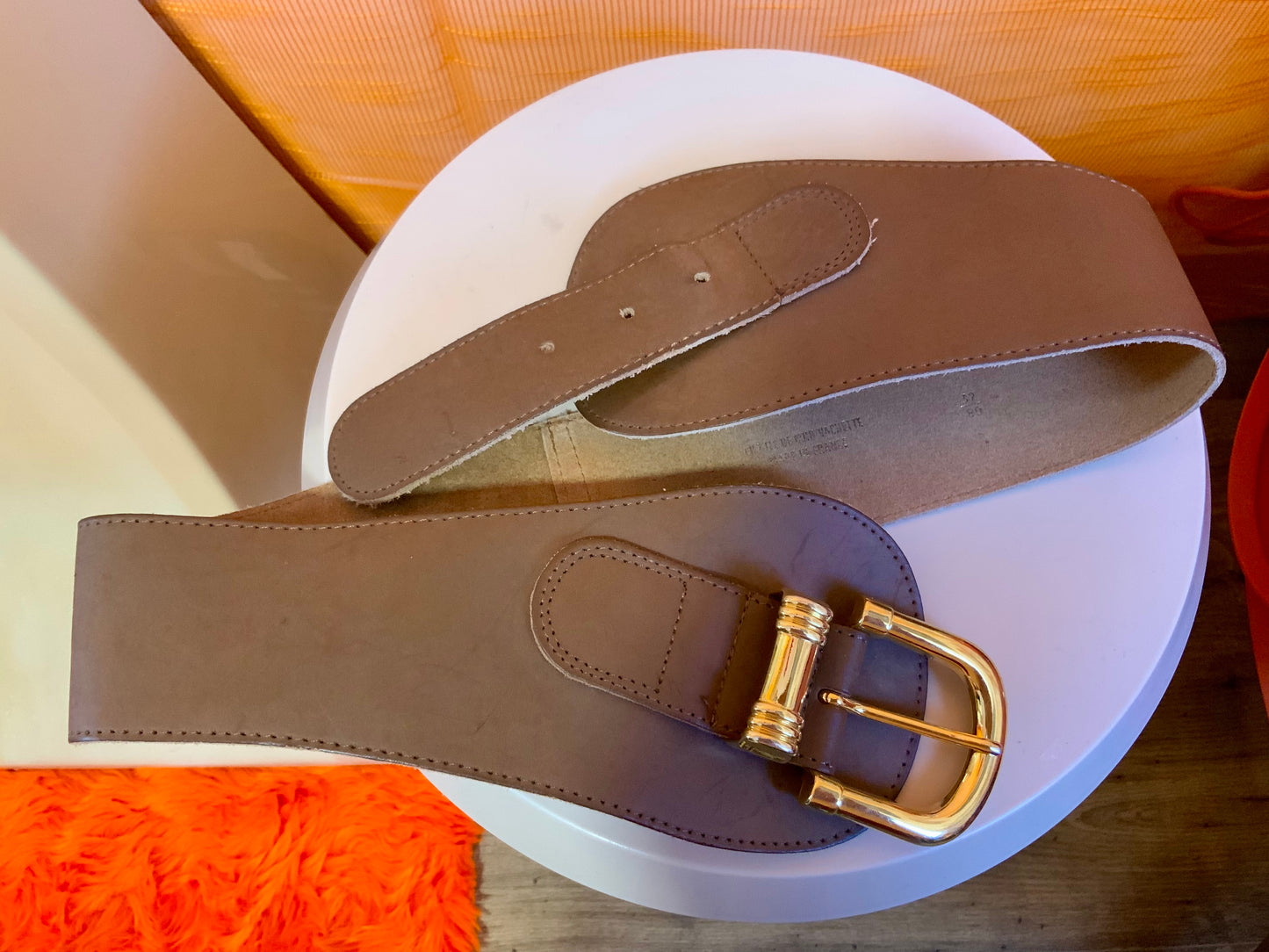 Grosse ceinture Cuir marron et métal doré Vintage France