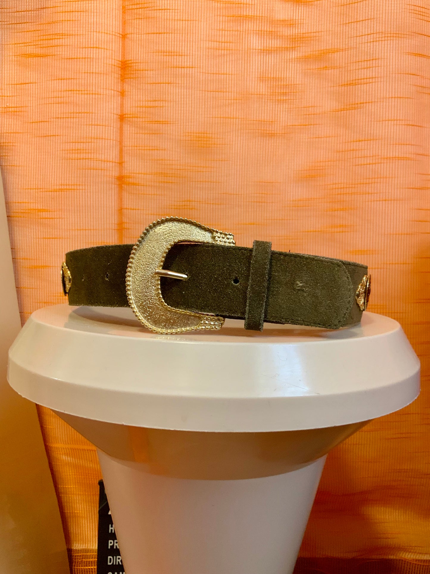 Ceinture daim verte et motifs dentelle métal doré Vintage France