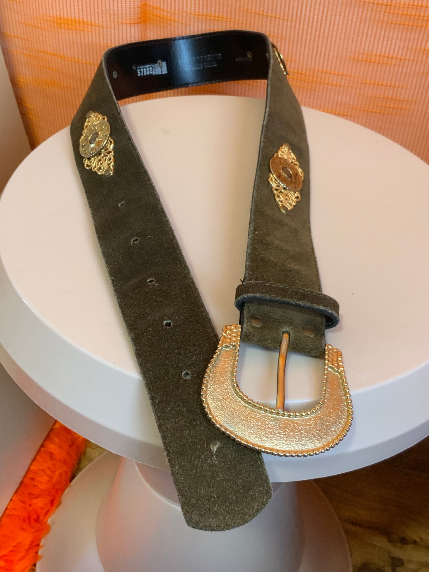 Ceinture daim verte et motifs dentelle métal doré Vintage France