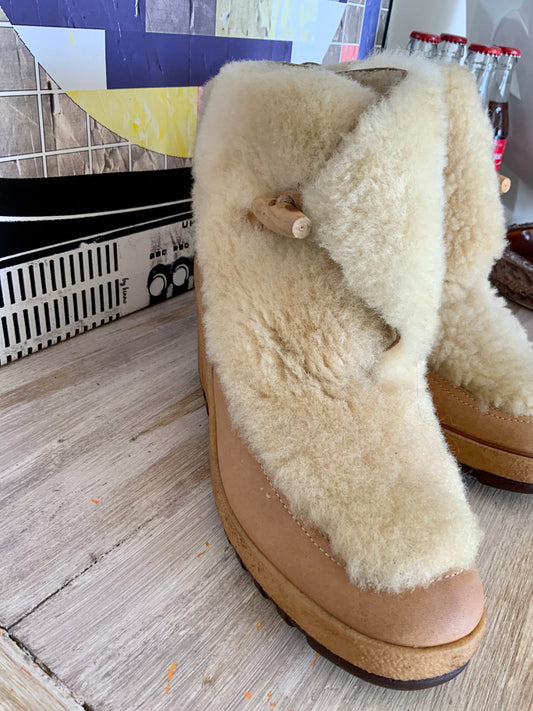 Chaussures Bottines cuir compensées et Pure Laine Vintage 1970 Rares - Made in France