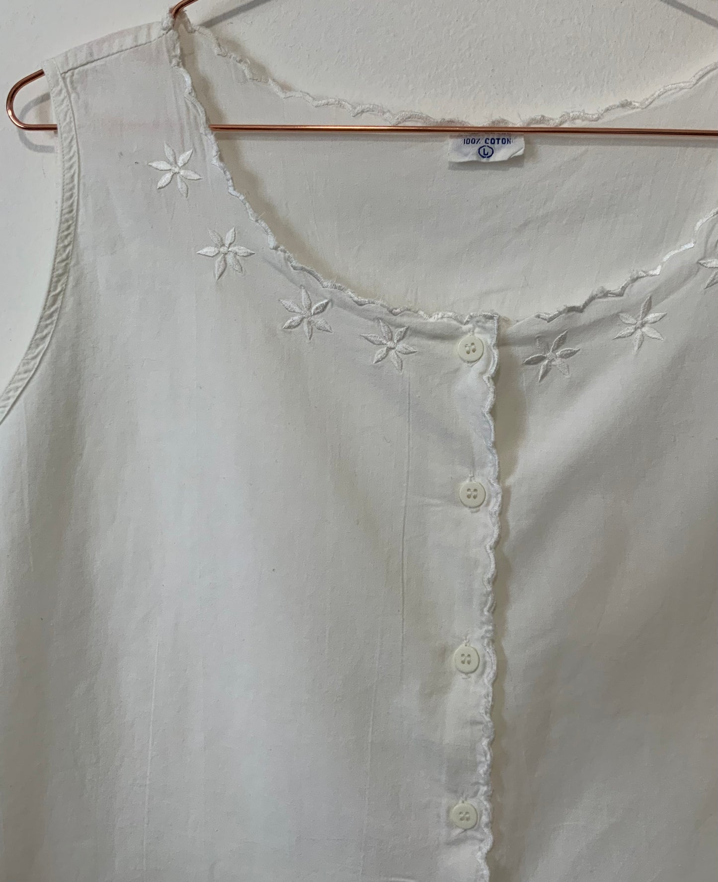 Blouse Boutonnée Coton Blanc Fleurs Broderies 1980 Vintage