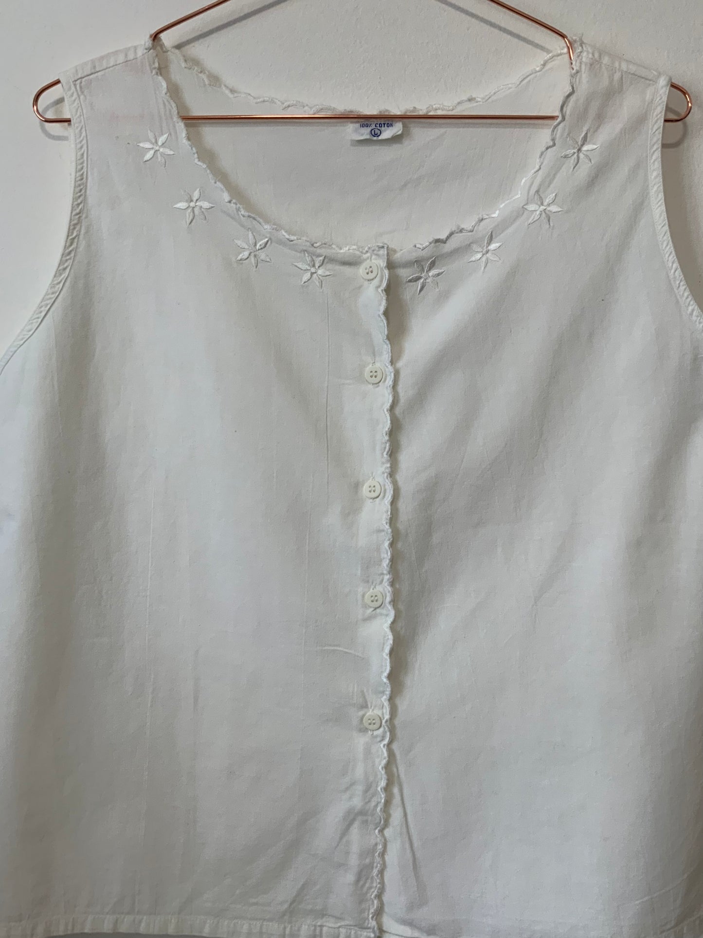 Blouse Boutonnée Coton Blanc Fleurs Broderies 1980 Vintage