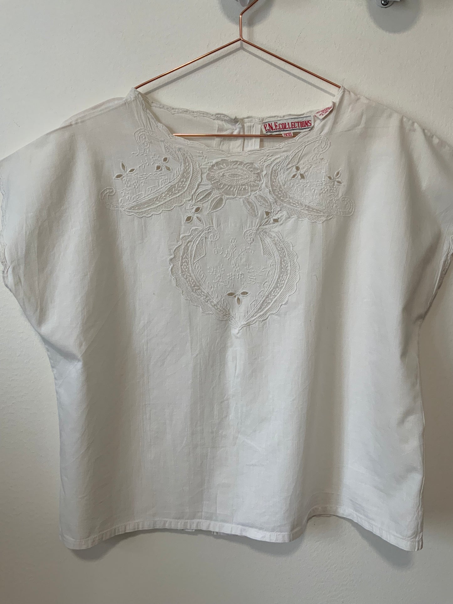 Blouse Boutonnée Coton Blanc Fleurs Broderies 1980 Vintage