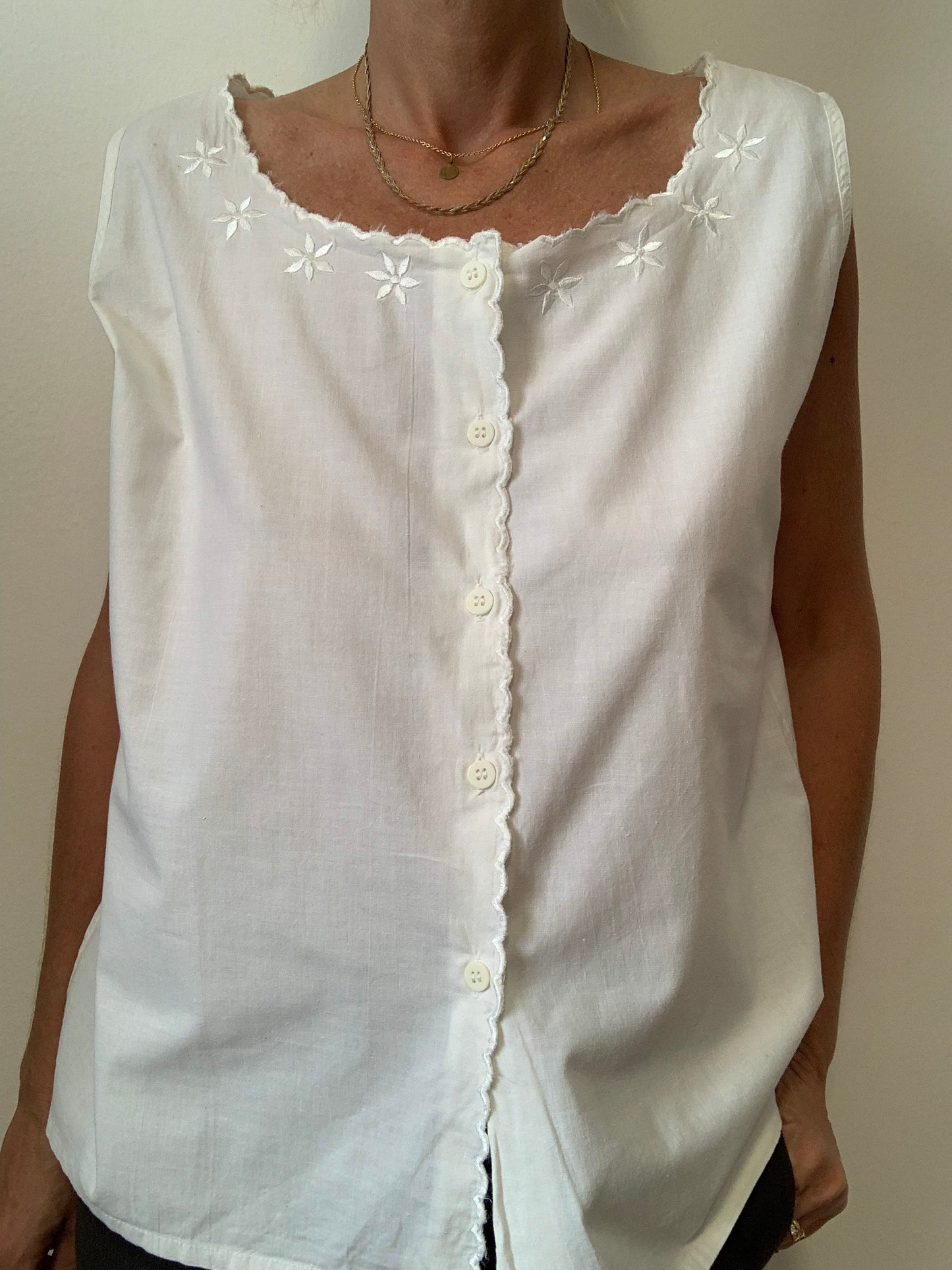 Blouse Boutonnée Coton Blanc Fleurs Broderies 1980 Vintage