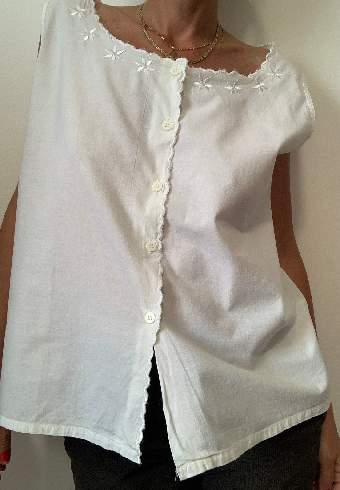 Blouse Boutonnée Coton Blanc Fleurs Broderies 1980 Vintage